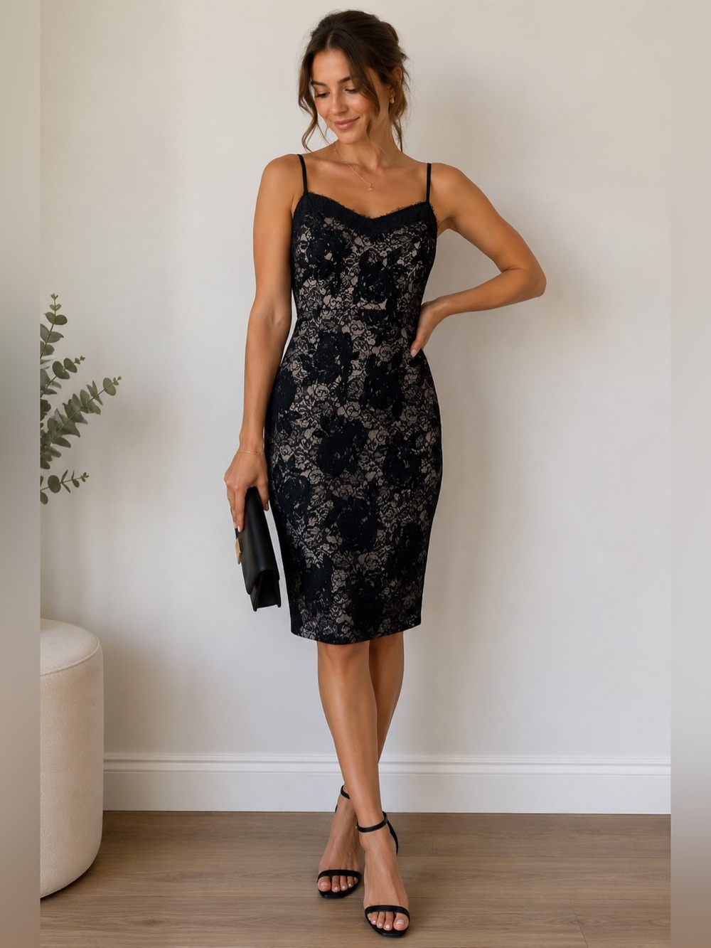 Lipsy London Black & Silver Lace Dress Size 8 Spaghetti Strap-Going Out Cocktail